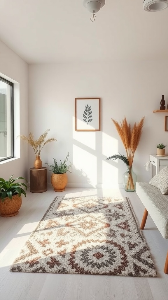 A bright and airy esthetician room featuring a patterned accent rug, plants, and natural light.
