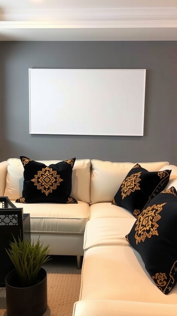 A cozy esthetician room featuring white furniture adorned with black and gold accent pillows.