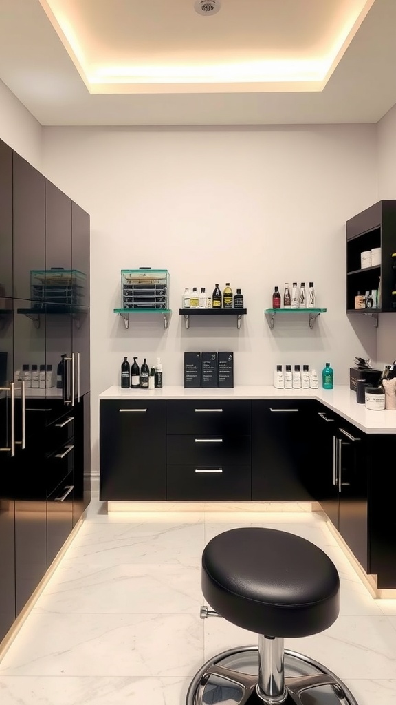 A stylish esthetician room with black cabinets and well-organized products.