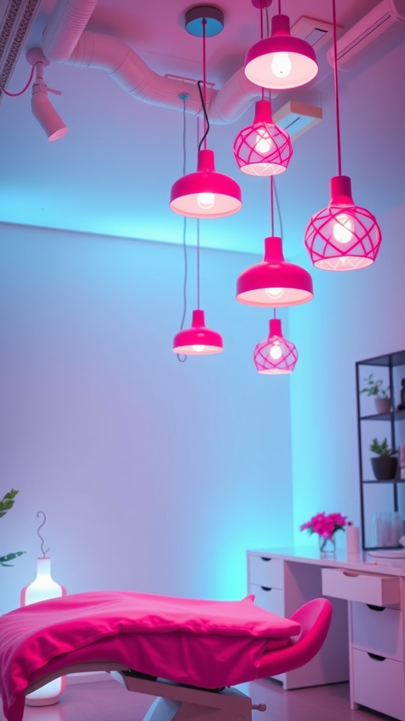 Chic pink lighting fixtures hanging in an esthetician room.