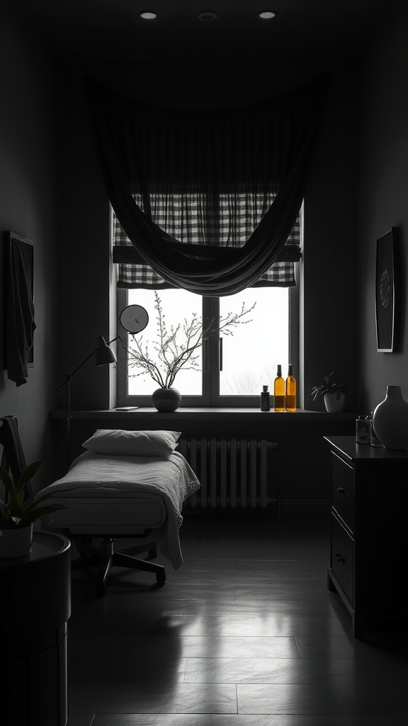 A cozy esthetician room with black and gold decor, featuring a treatment bed and ambient lighting.
