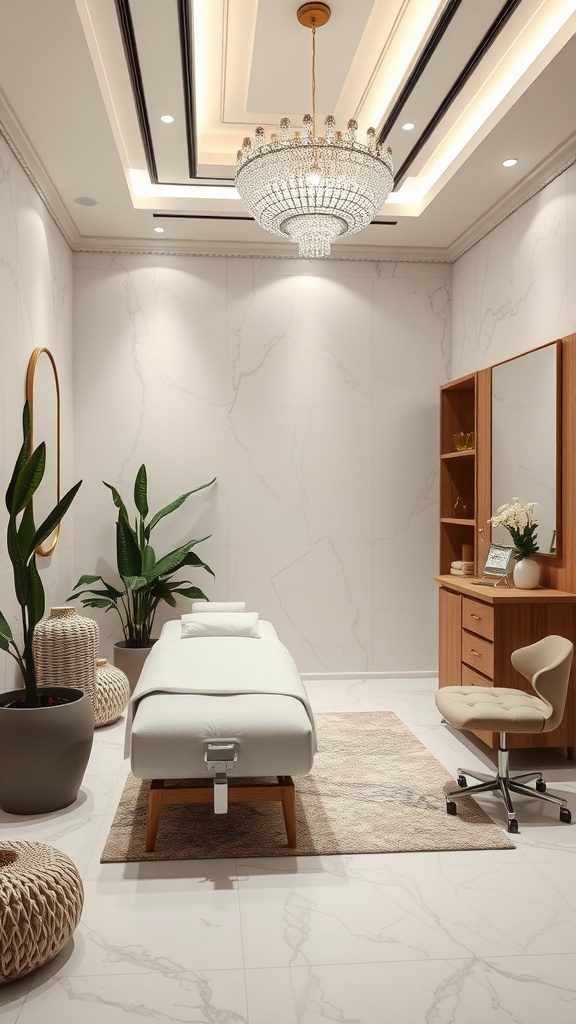 A well-decorated esthetician room featuring a massage table, plants, and a stylish chandelier.