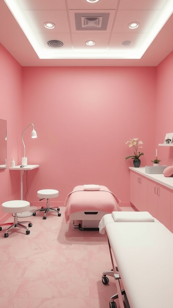 A pink esthetician room featuring treatment stations with two beds and mobile stools.