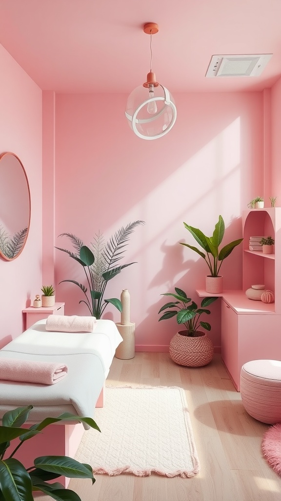 A pink esthetician room featuring eco-friendly decor and materials.