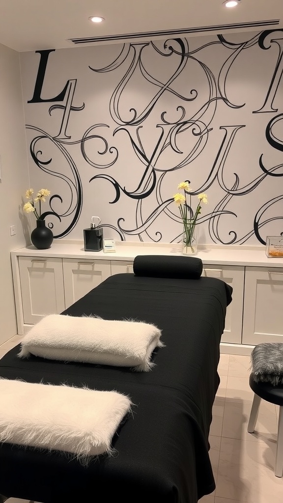 A black treatment table with white fluffy pillows, set in a stylish esthetician room.