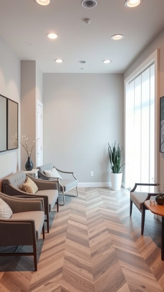 A stylish waiting area with modern furniture, soft lighting, and plants, creating a soothing ambiance.