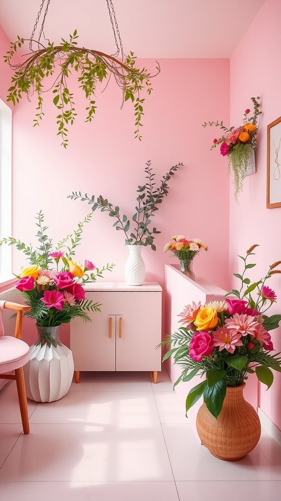 A beautifully decorated esthetician room featuring pink walls and various colorful floral arrangements in vases.