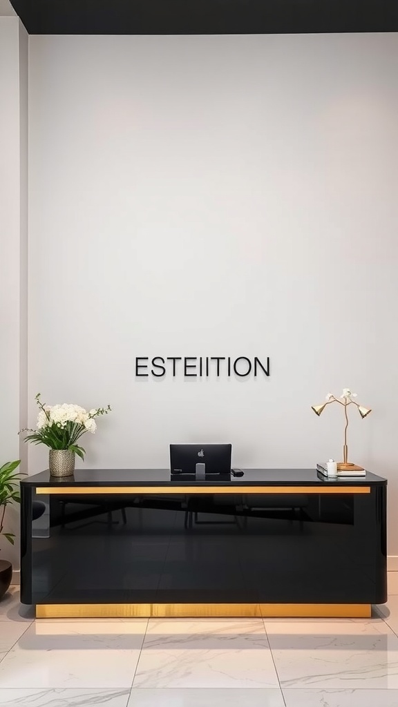 A stylish black reception desk with gold accents in an esthetician room