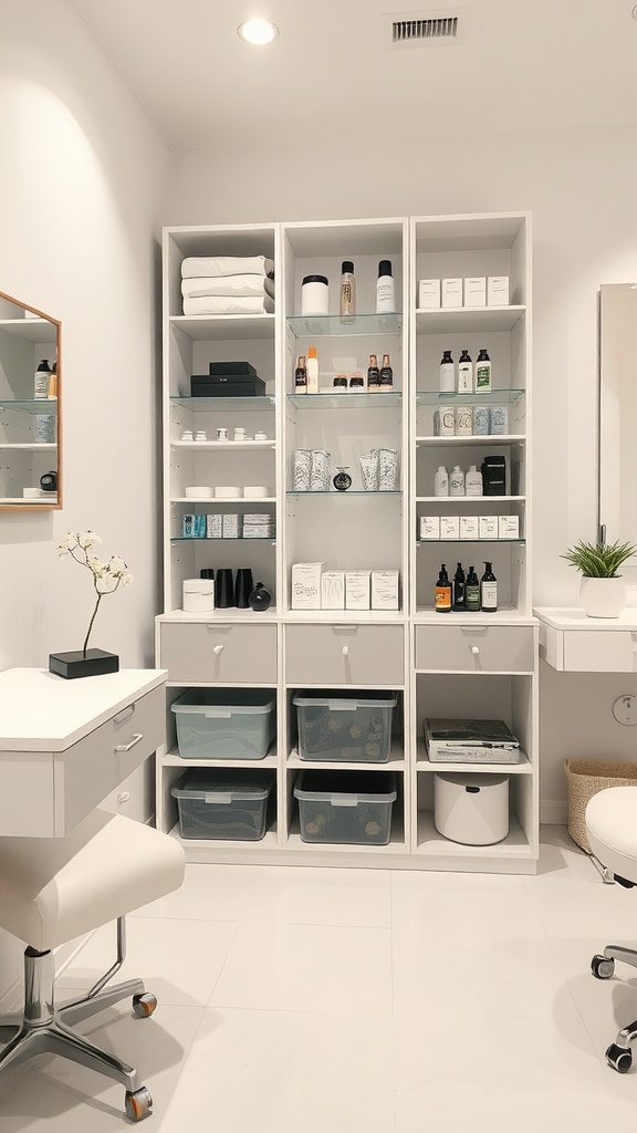 An organized esthetician room with functional storage including shelves and bins.