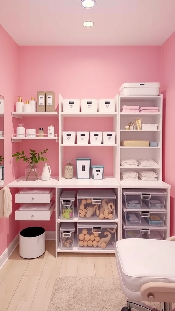 A pink esthetician room with organized storage solutions, featuring white shelves, clear bins, and a touch of greenery.