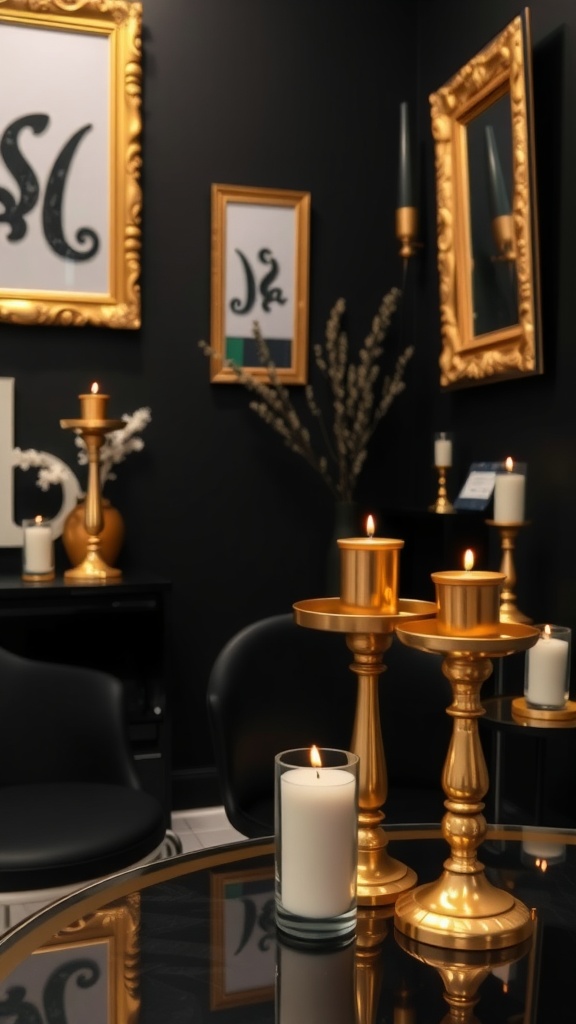 A black and gold esthetician room featuring decorative gold candle holders and picture frames.