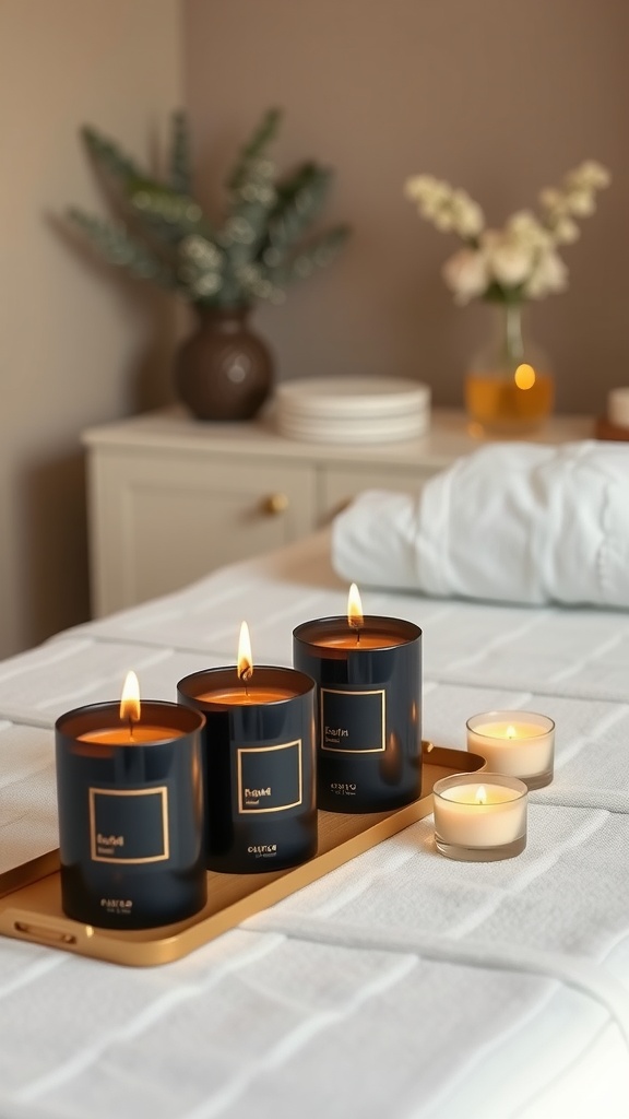 Three black and gold scented candles on a tray in a cozy esthetician room