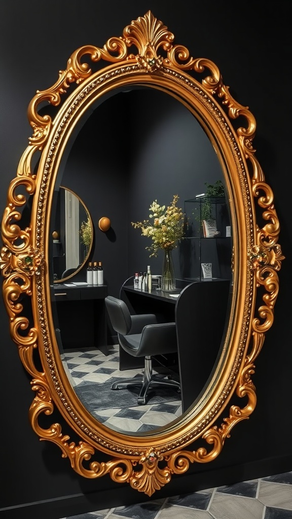 An ornate gold framed mirror hanging on a black wall in an esthetician room