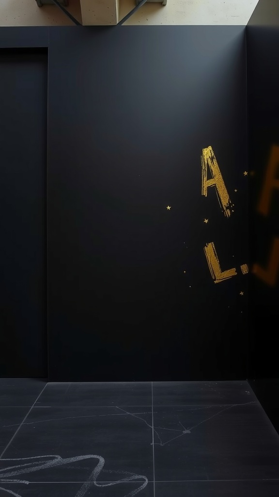 Black walls with gold highlights in an esthetician room