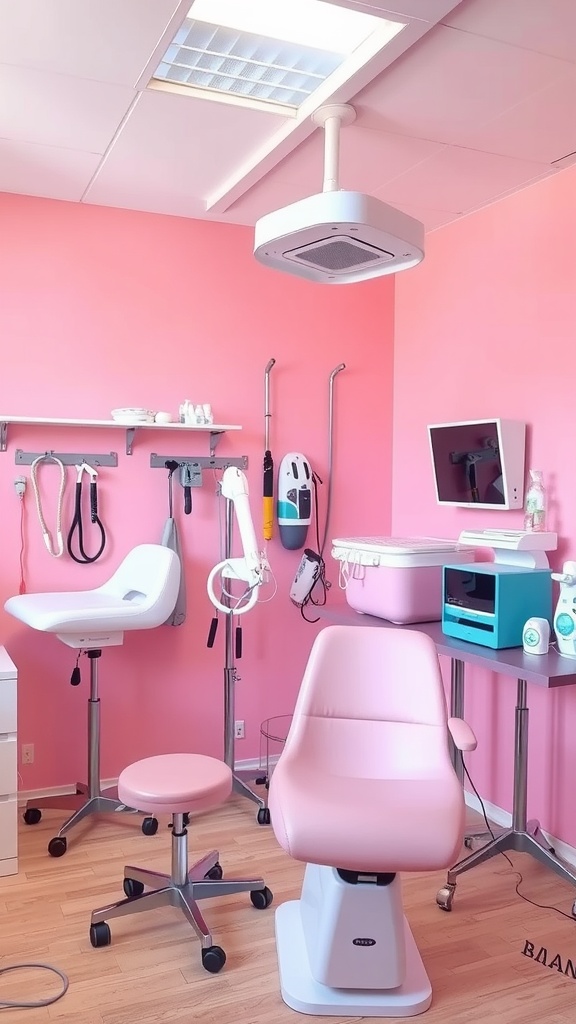 A pink esthetician room featuring treatment chairs, tools, and a bright atmosphere.