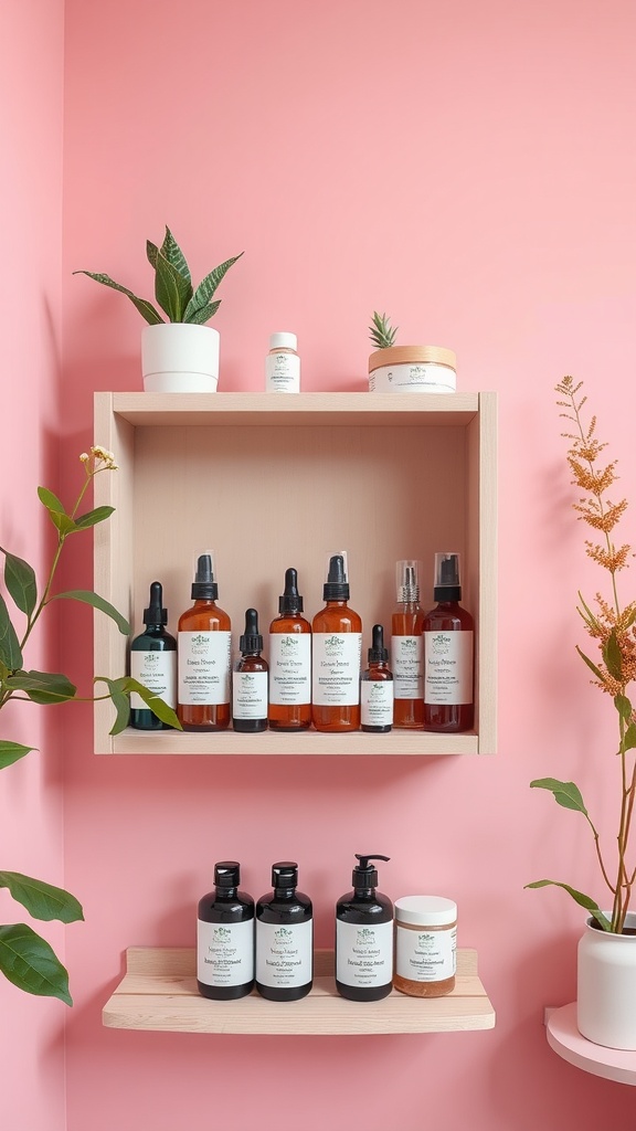 A pink esthetician room showcasing herbal and natural skincare products on wooden shelves, with plants for a refreshing touch.