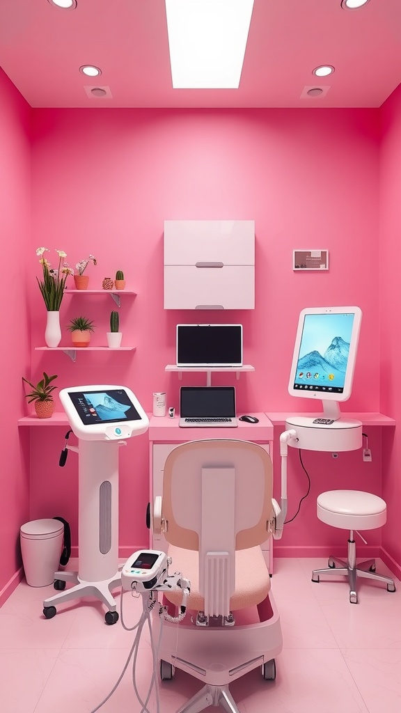 A vibrant pink esthetician room featuring modern equipment and a warm atmosphere.