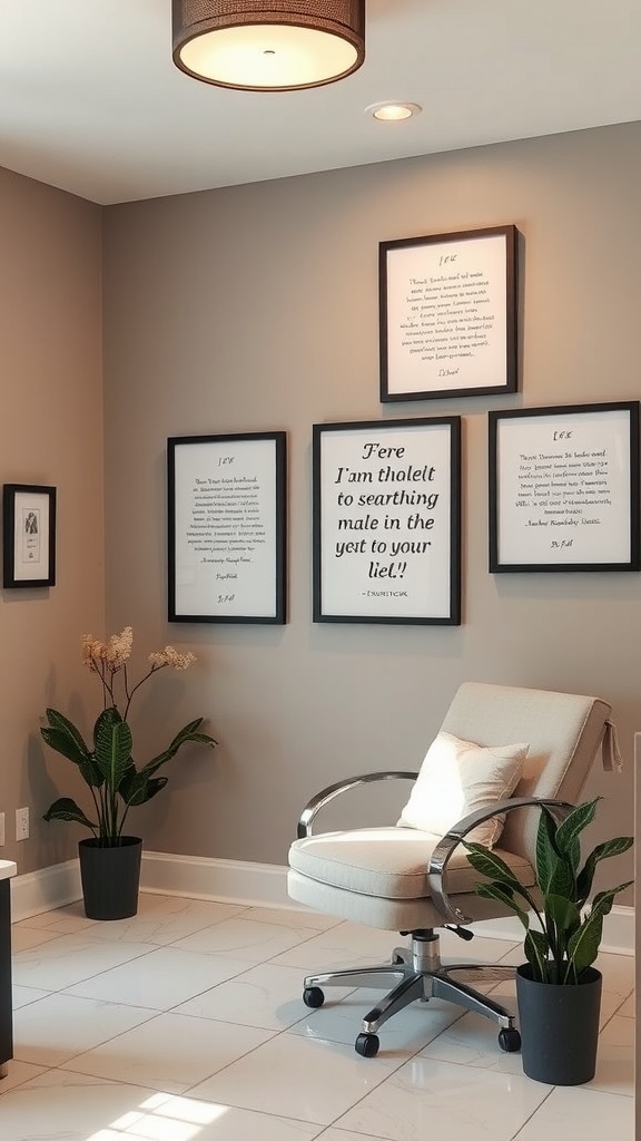 A serene esthetician room featuring inspirational quotes on the wall and stylish decor.
