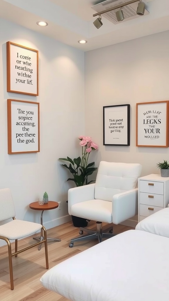 A serene esthetician room decorated with inspirational quotes on the walls.