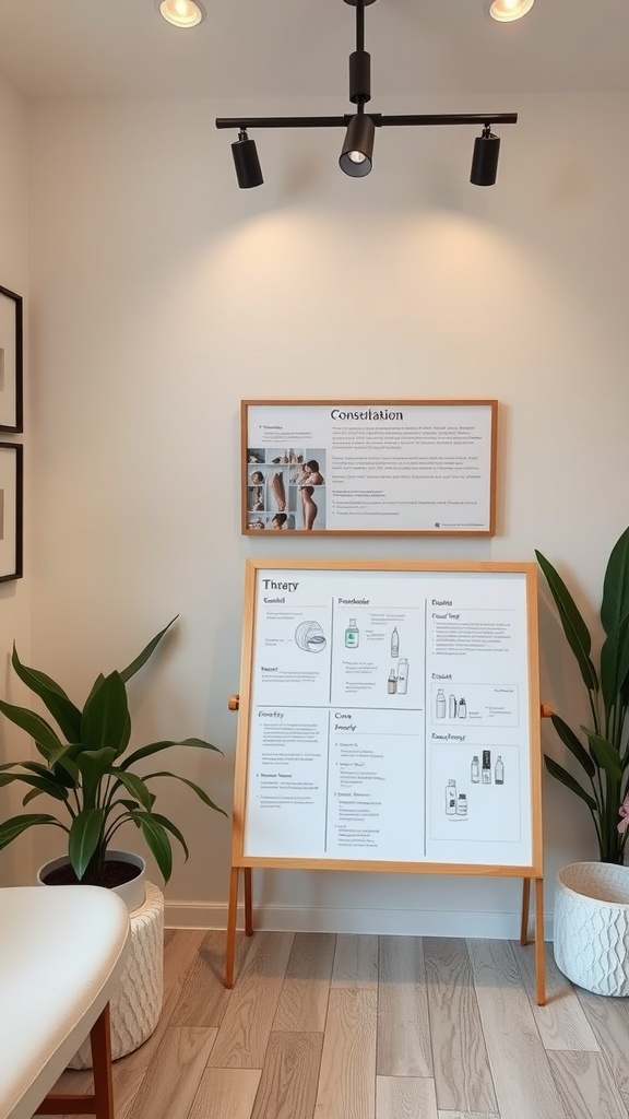 A well-decorated esthetician room featuring information displays and plants