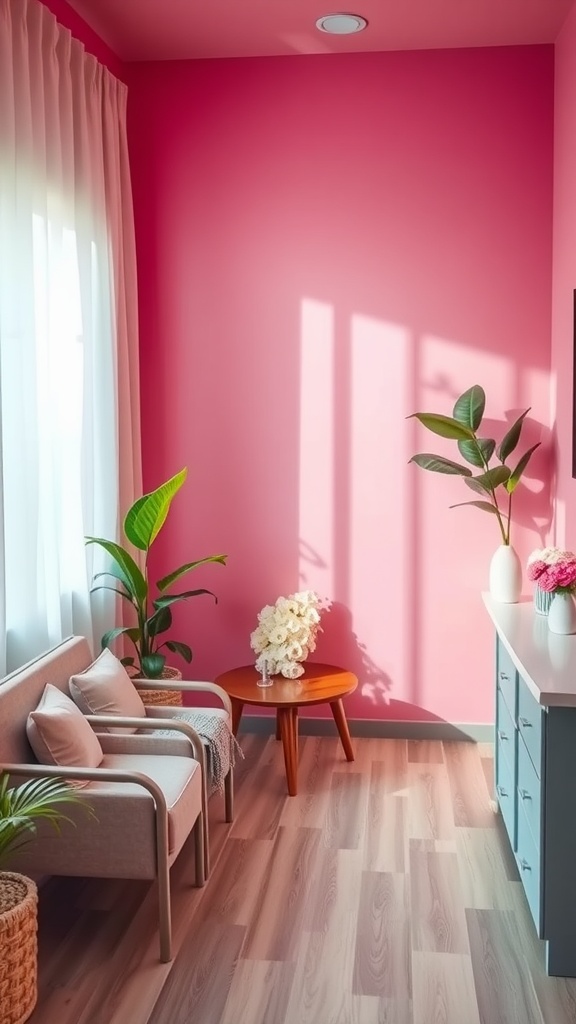 A cozy waiting area in an esthetician room featuring pink walls, modern chairs, plants, and floral decorations.