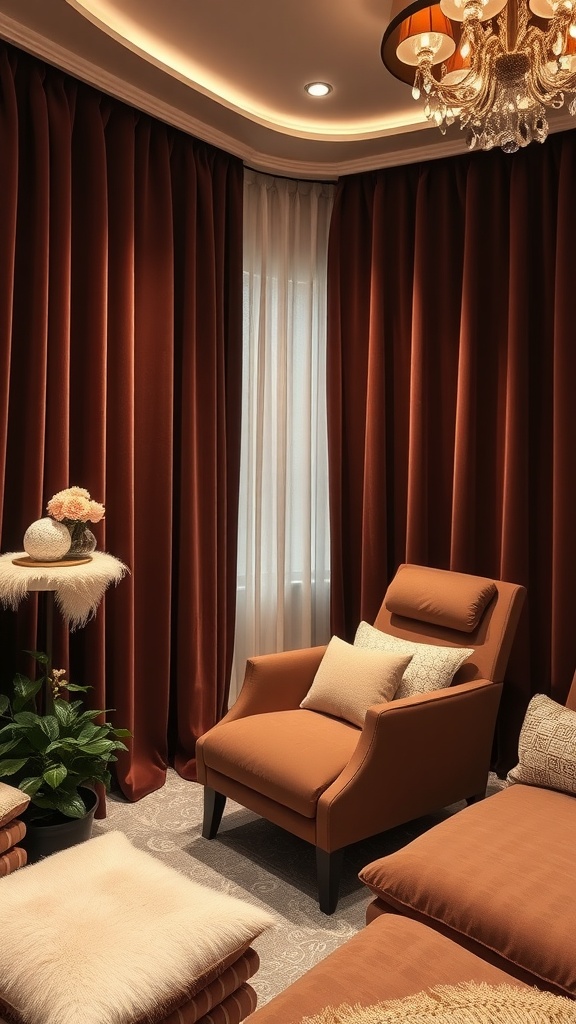 A cozy esthetician room with velvet curtains and plush seating