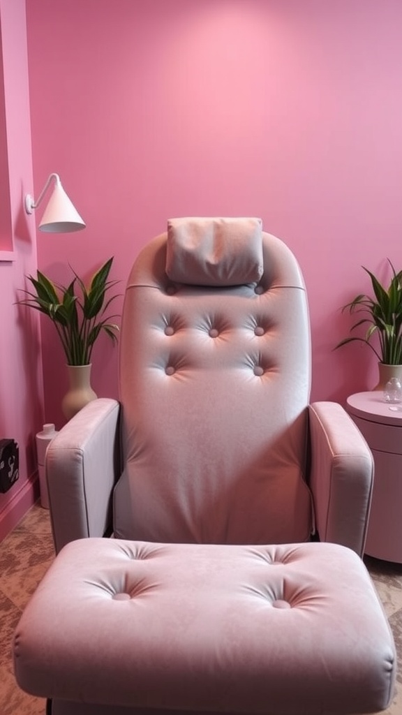 A pink velvet treatment chair in a vibrant esthetician room with plants and soft lighting.