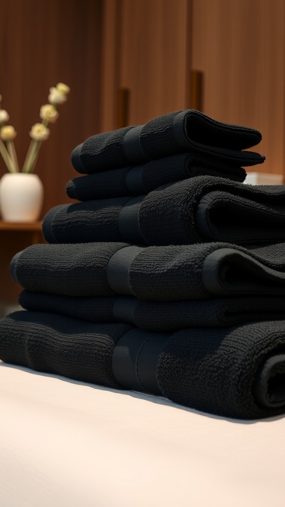 A stack of luxurious black towels neatly arranged in an esthetician room.