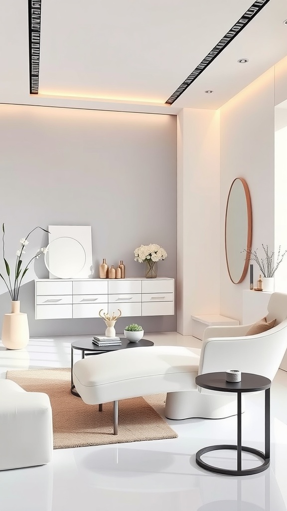 A minimalist esthetician room with sleek furniture and neutral colors