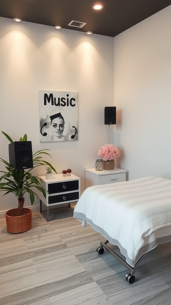 An esthetician room featuring a 'Music' art piece, speakers, and relaxing decor elements.