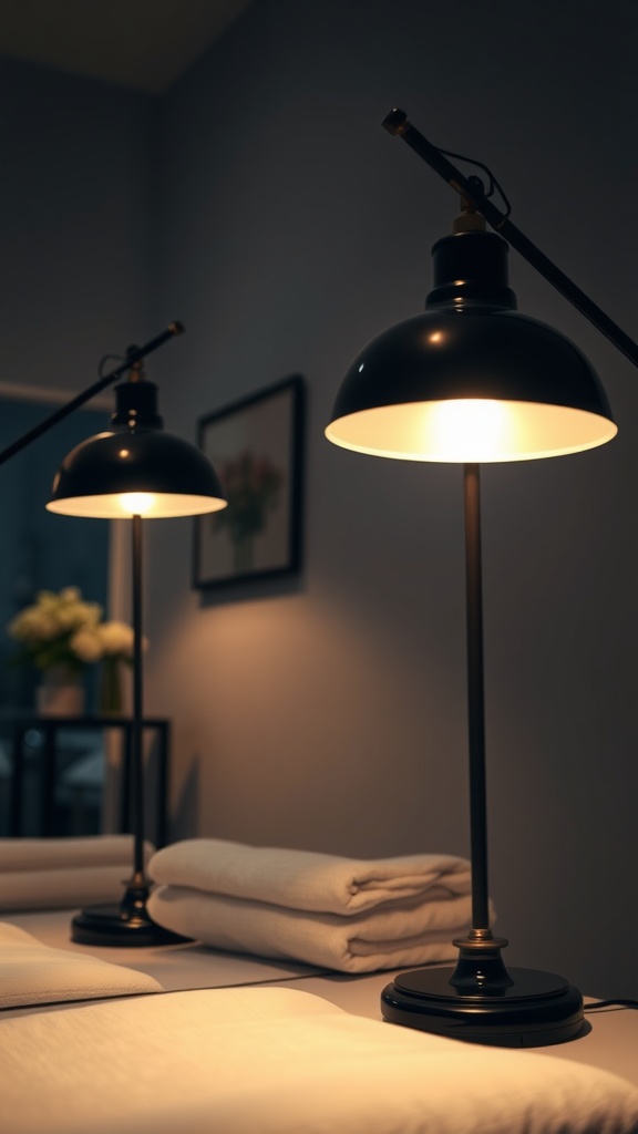 An esthetician room with black lamps casting warm light over neatly arranged towels.