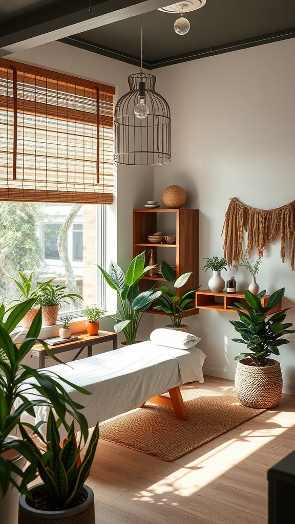 A serene esthetician room featuring natural decor elements like plants and wood accents.