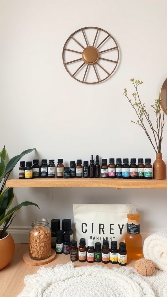 Aromatherapy display with essential oils and decorative elements in an esthetician room.