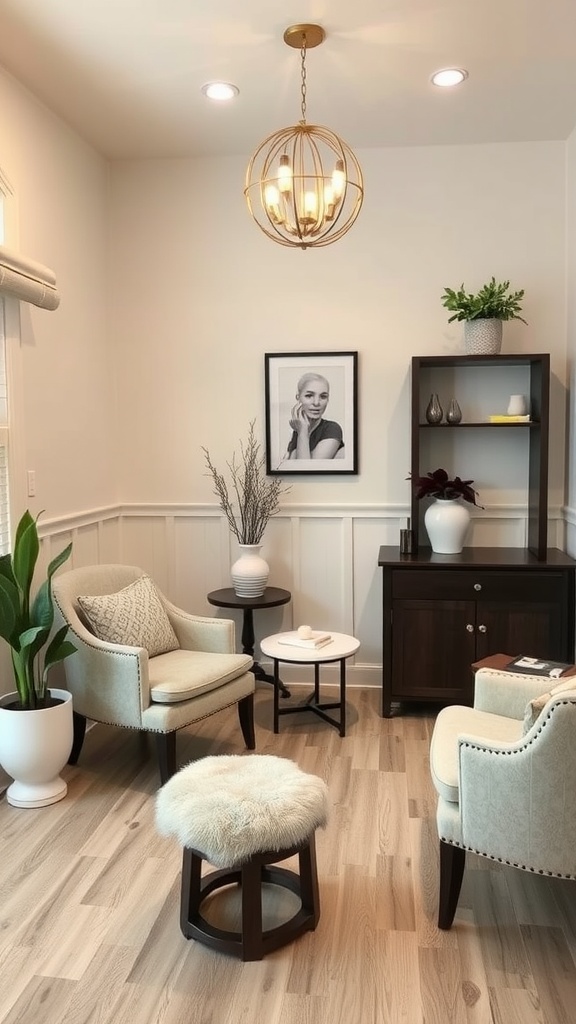 Cozy esthetician consult area with comfortable chairs and decorative elements.
