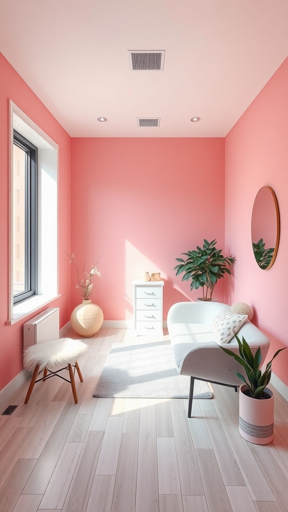 A cozy pink esthetician consultation room featuring a minimalist couch, plants, and a bright atmosphere with natural light.