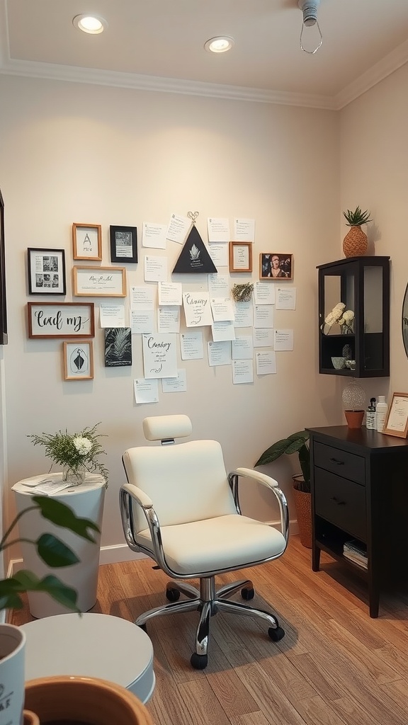 A cozy esthetician room with personalized decor, plants, and a comfortable chair.