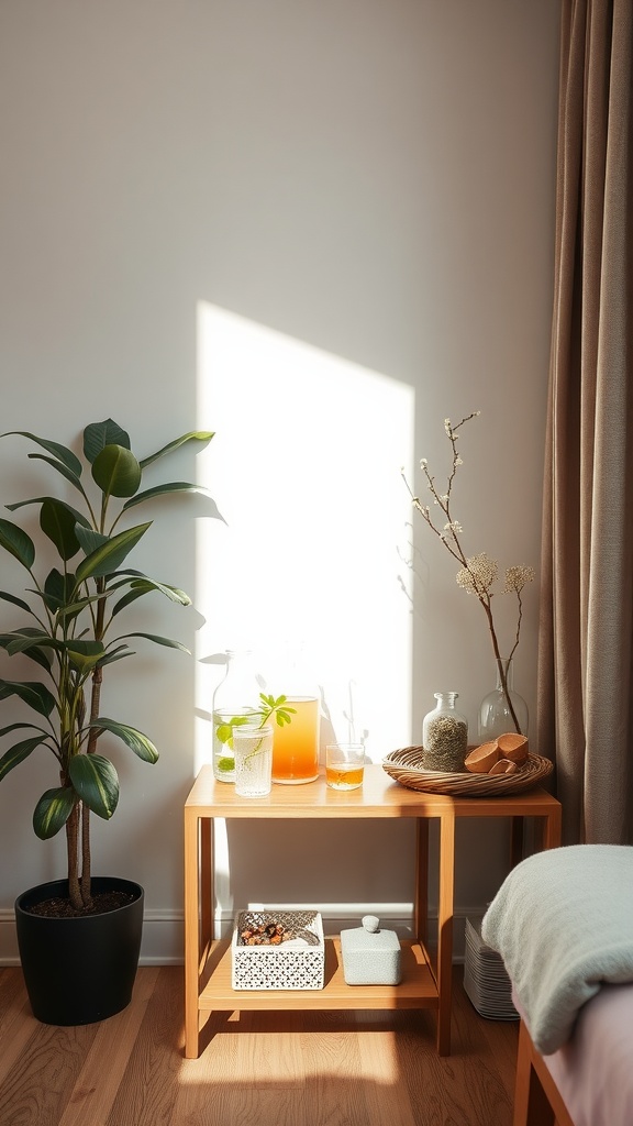 A cozy drink station with infused drinks, a plant, and snacks in an esthetician room.