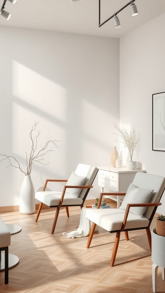 A serene esthetician room with cozy chairs and minimalistic decor, designed for relaxation.