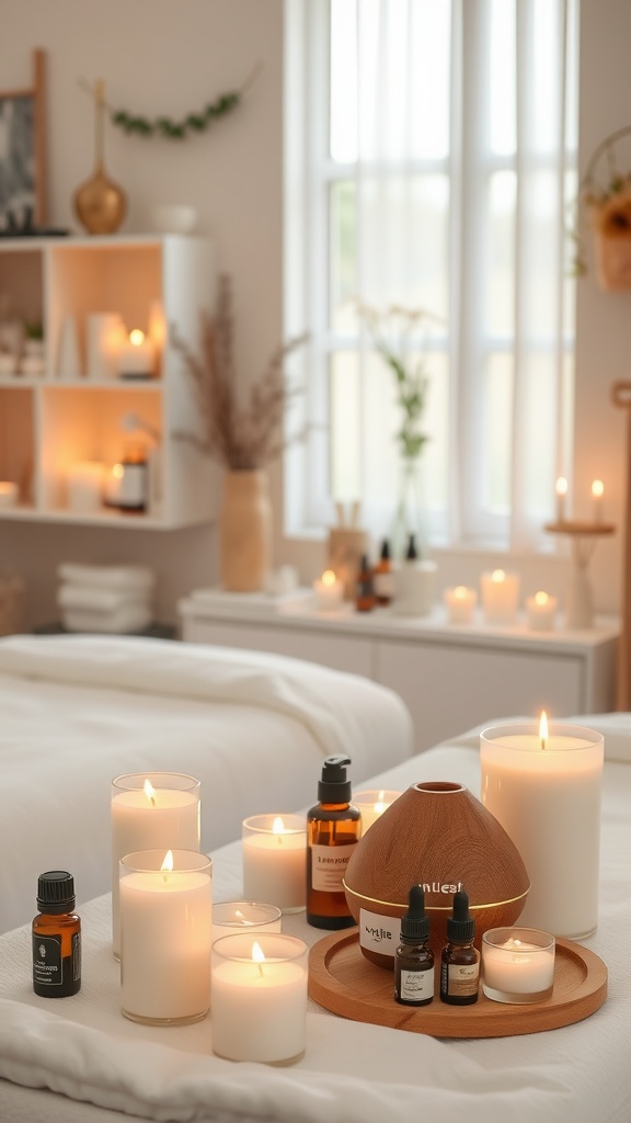 A cozy esthetician room with candles and essential oils creating a calming ambiance.