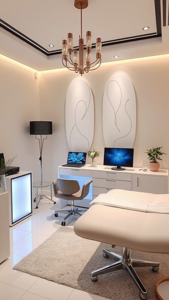 A modern esthetician room with elegant decor, featuring warm lighting and integrated technology.