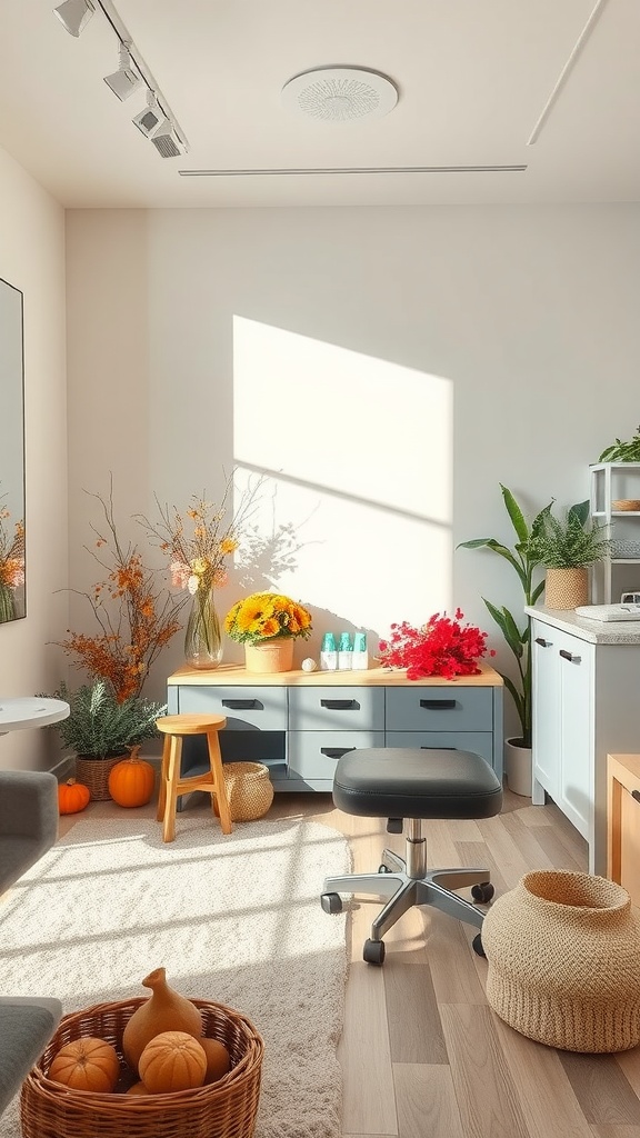 A bright esthetician room decorated with seasonal items like flowers, pumpkins, and cozy accents.