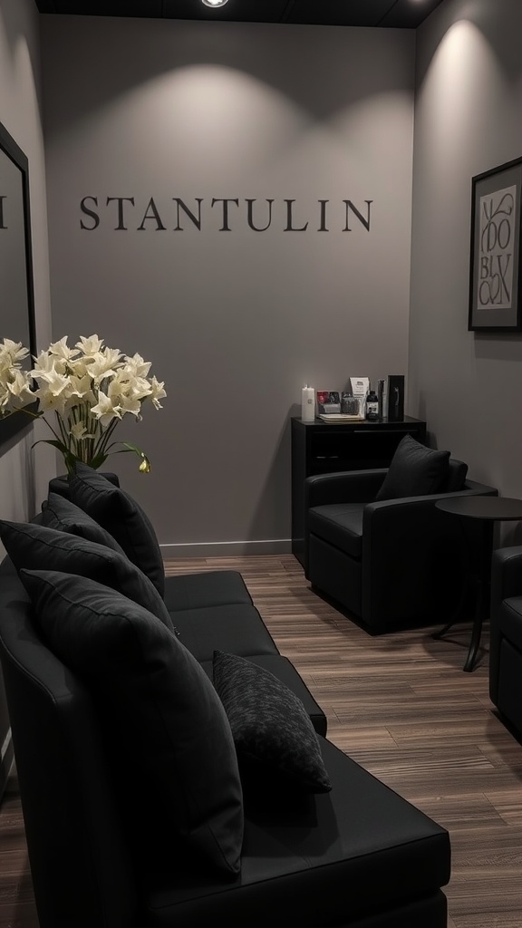 A stylish esthetician room with soft black seating, wooden flooring, and minimal decor.