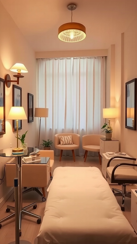 A cozy esthetician room with soft lighting and a calming atmosphere.