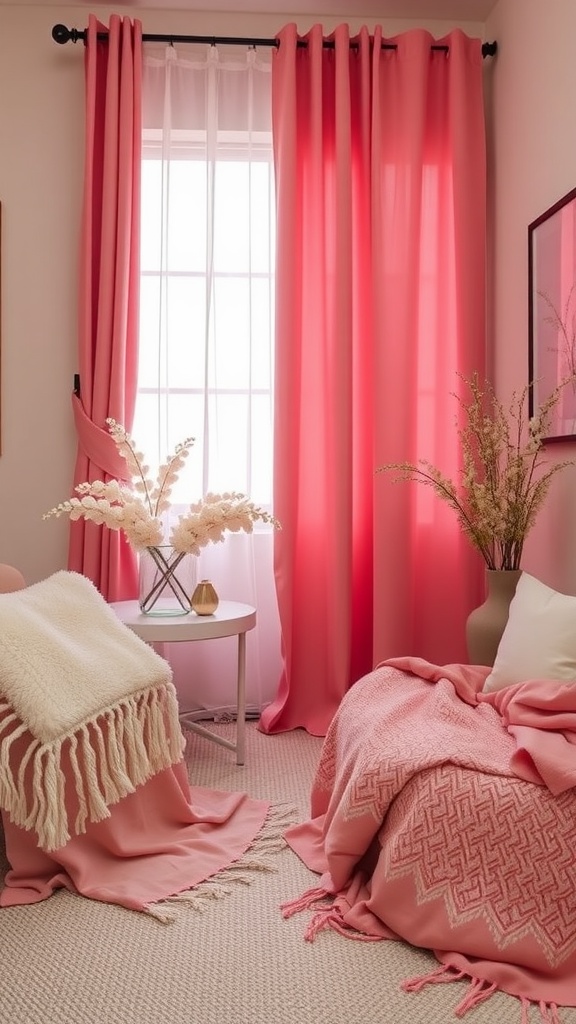 A cozy esthetician room with pink textiles, soft blankets, and curtains, creating a comforting atmosphere.