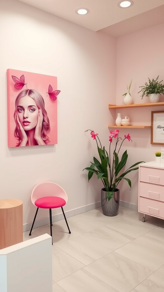 Sophisticated wall art in a pink esthetician room featuring a portrait of a woman with butterflies.