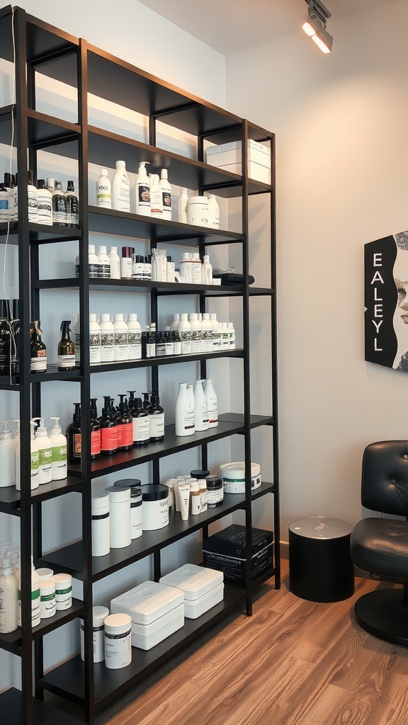 Stylish black shelving units filled with skincare products in an esthetician room.