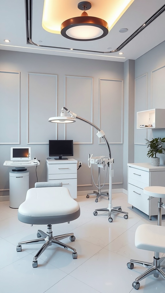 A stylishly decorated esthetician room featuring modern treatment equipment and a calming color scheme.