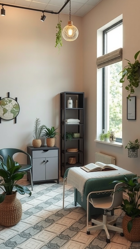 A cozy esthetician room featuring natural wood furniture, plants, and soft lighting