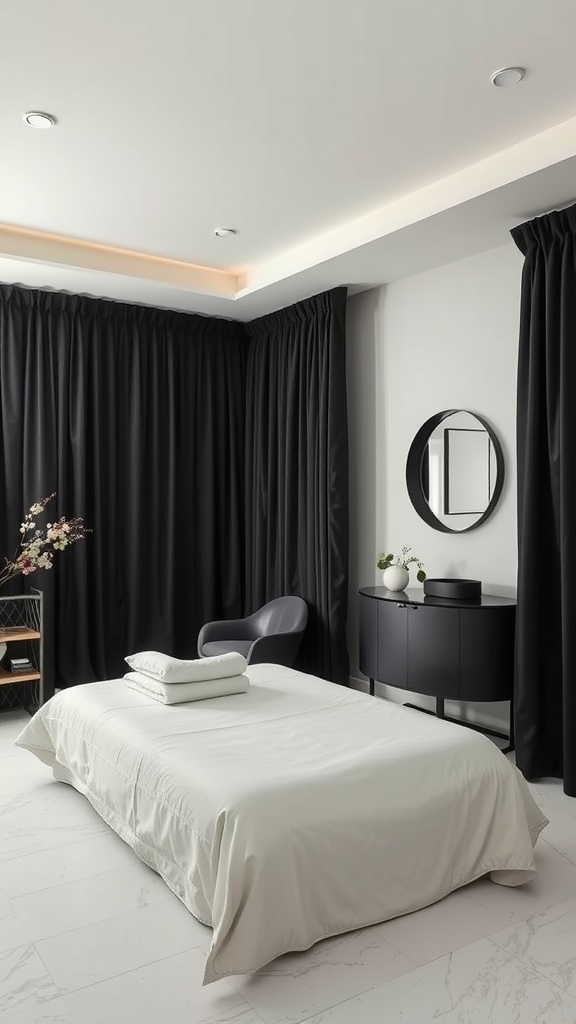 A serene esthetician room featuring a black and gold aesthetic, with dark curtains, a white bed covered with linens, and stylish furniture.