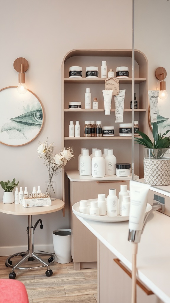 A well-organized esthetician room showcasing various skincare products on shelves.